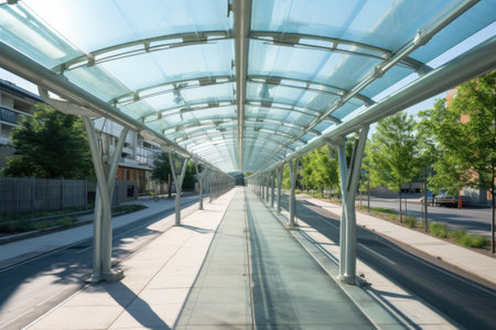 glass canopy covering concrete walkway in urban setting, created with generative aiの素材