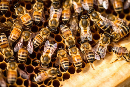 honeybees surrounding their queen in the hive, created with generative aiの素材