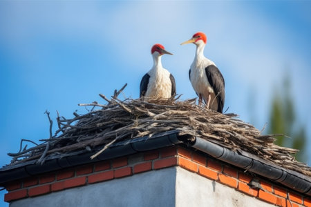 two storks standing in a nest on a chimney, created with generative aiの素材