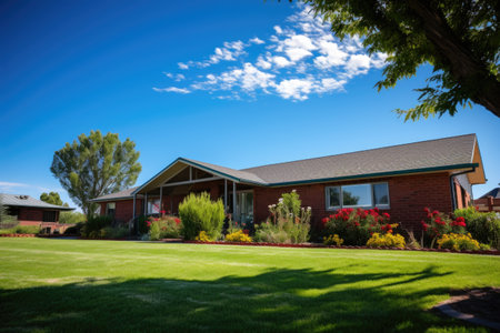 low angle view of a brick ranch house with blue sky, created with generative aiの素材