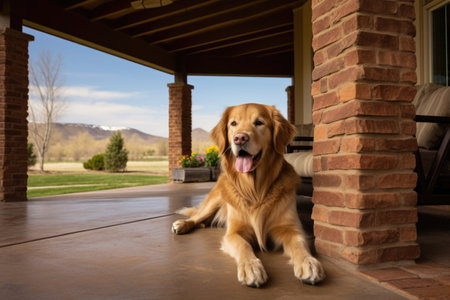 photograph of pet dog on a ranch porch with brick pillars, created with generative aiの素材