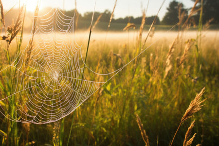 morning sunlight illuminating dew-dropped spider web in meadow, created with generative aiの素材