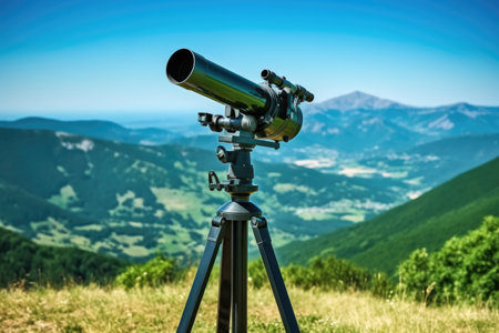 ground-based telescope with mountain range in view, created with generative aiの素材