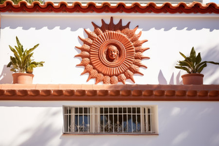 terracotta sun decoration on a white spanish revival house wall, created with generative aiの素材