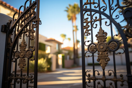 closeup of ornate spanish revival style iron gate, created with generative aiの素材