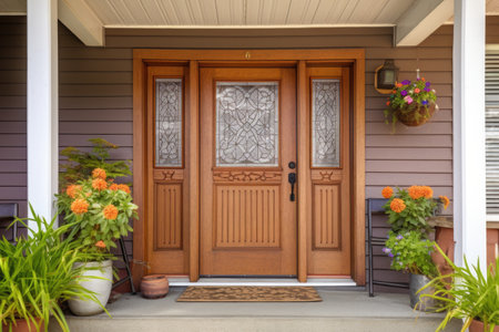 wooden front door of a craftsman house with intricate details, created with generative aiの素材