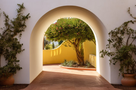 rounded archway in stucco mediterranean garden wall, created with generative aiの素材