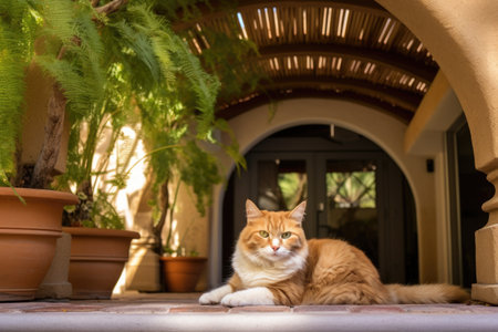 cat sitting under a rustic stucco archway, created with generative aiの素材