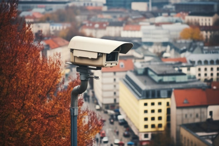 panoramic view of city under surveillance with small cameras visible, created with generative aiの素材