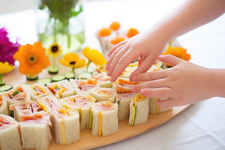 a childs hand reaching out to a platter full of vibrant tea sandwiches, created with generative aiの素材
