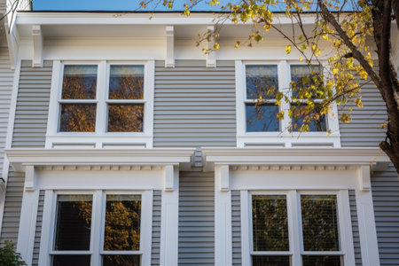 close-up of white window frames on a two-story colonialist house, created with generative aiの素材