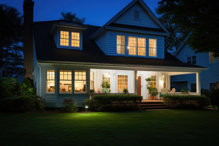 exterior night shot of colonial home, showing interior lights through balanced windows, created with generative aiの素材