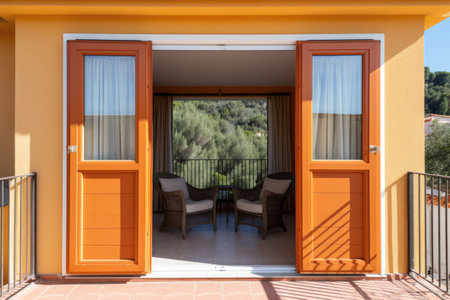 close-up of balcony doors of a two-story mediterranean house, created with generative aiの素材