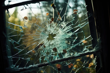 close-up shot of a shattered window of a house, created with generative aiの素材