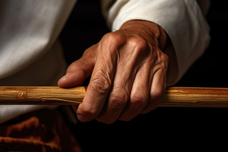 a close-up of a hand gripping a bokken wooden sword used in aikido training, created with generative aiの素材