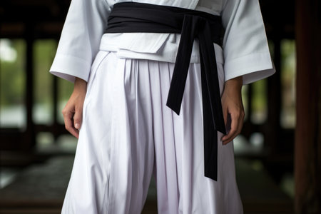 close-up of aikido uniform with black belt and hakama pants, created with generative aiの素材