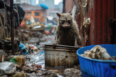 a raccoon rummaging through an open garbage can in an alley, created with generative aiの素材