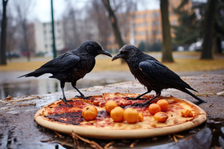 crows pecking at a discarded pizza in a city park, created with generative aiの素材