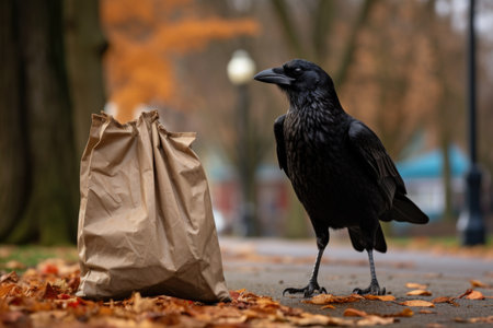 a crow in a park, carrying away a bag of chips, created with generative aiの素材