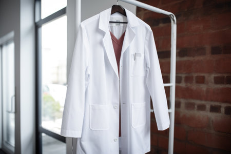 image of a white medical lab coat hanging on a rack, created with generative aiの素材
