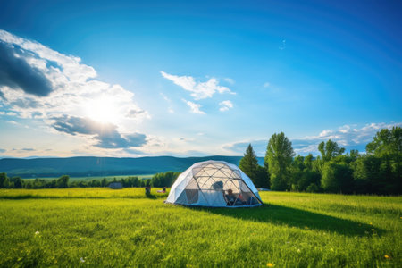 dome tent in a lush green meadow under a clear sky, created with generative aiの素材