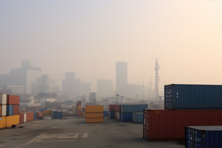 thick smog over shipping container harbor area, created with generative aiの素材
