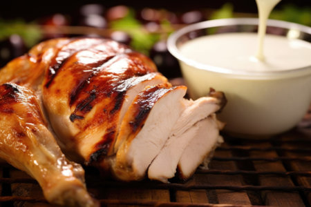 tight shot of white bbq sauce on grilled chicken, created with generative aiの素材