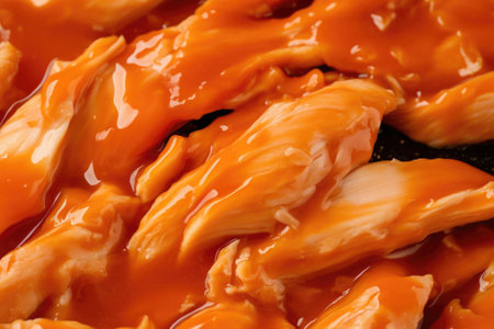close up of chicken texture with sauce glossing over, created with generative aiの素材