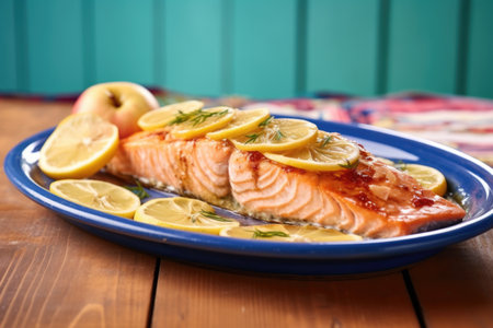 bbq salmon in apple cider sauce on blue plate, created with generative aiの素材