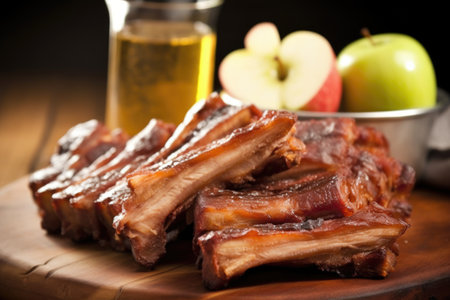 close-up of glazed ribs with apple smoke, created with generative aiの素材