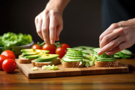 hand spreading avocado slices on a crunchy toast, created with generative aiの素材