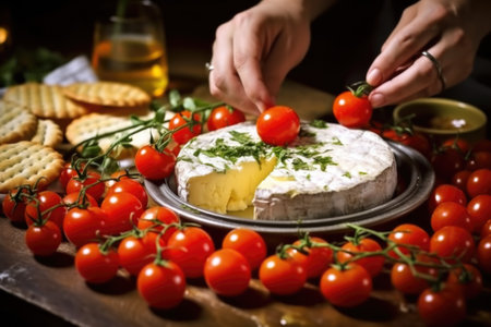 hand popping cherry tomatoes around a baked camembert on a tray, created with generative aiの素材