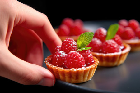 hand placing a raspberry on top of a small tartlette, created with generative aiの素材