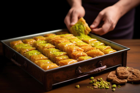 hand taking a piece of baklava from an attractive display box, created with generative aiの素材