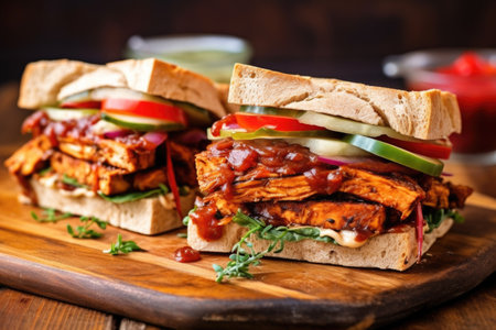 delicious seitan bbq sandwich with vegan cheese, created with generative aiの素材