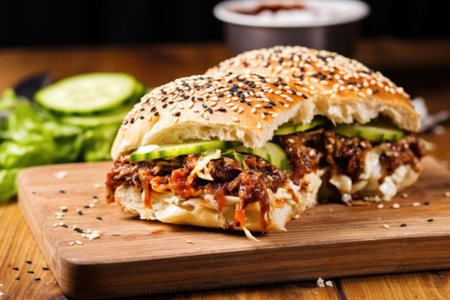 a sesame seed bun barbecue sandwich on a wooden board, created with generative aiの素材