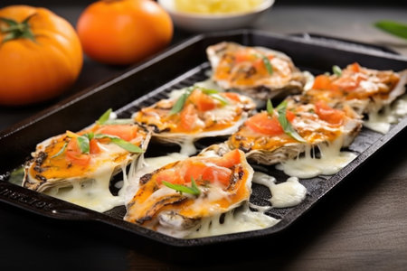 grilled oysters presented on a slate serving platter, created with generative aiの素材