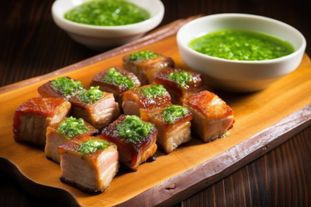 bbq pork belly served with chimichurri sauce, created with generative aiの素材
