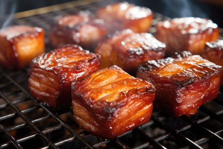 close-up of sizzling pork belly on bbq rack, created with generative aiの素材