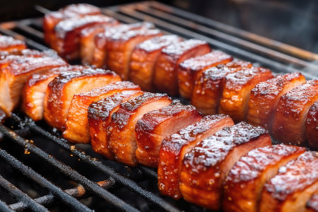 close-up of marinated pork belly ready for grilling, created with generative aiの素材