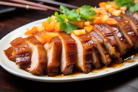 bbq pork belly cut into thin slices on a plate, created with generative aiの素材
