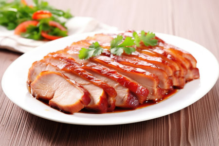 sliced barbecued pork belly on a simple white plate, created with generative aiの素材