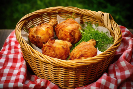 bbq drumsticks served in a basket, picnic-style, created with generative aiの素材