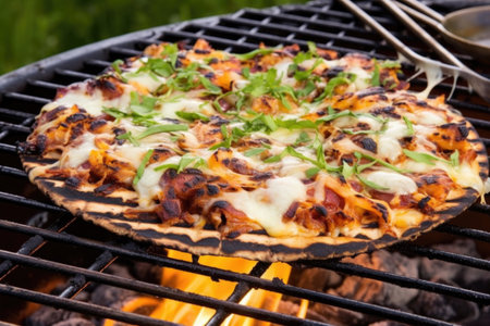 bbq pizza with melted cheese on the grill, created with generative aiの素材