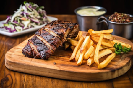grilled ribs with charcoal blackened edges, fries and coleslaw on a wooden board, created with generative aiの素材
