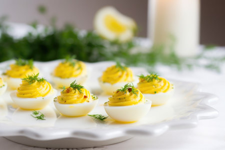 deviled eggs on a white rectangular platter, created with generative aiの素材