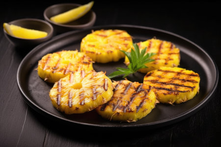 grilled pineapple slices on a black stone plate, created with generative aiの素材