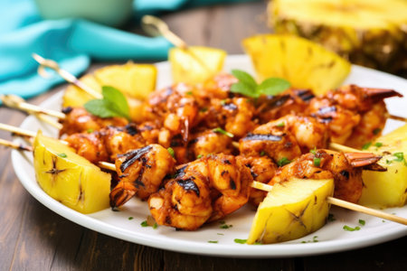 bbq spiced shrimp on skewers with pineapple chunks in between, created with generative aiの素材