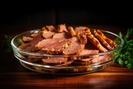 smoked beef brisket slices in a glass dish, created with generative aiの素材