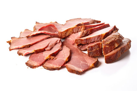 sliced brisket set against a stark white background, created with generative aiの素材
